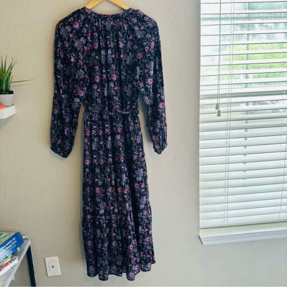 XiRENA Annieka Long Sleeve Belted Tie Midi Dress Silk Blend Floral Black Small - Picture 4 of 16